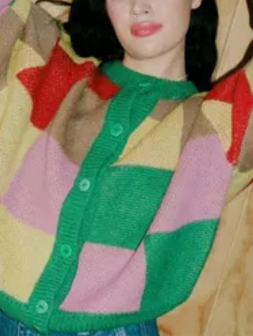 Lisa Says Gah Lauda Colorblock Button-Front Cardigan Sweater in Green, Pink